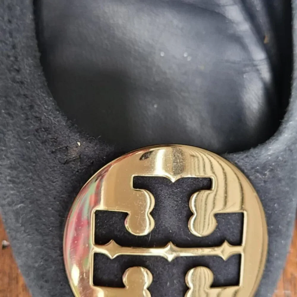 Tory Burch Navy Suede Reva Flats with Logo size 8